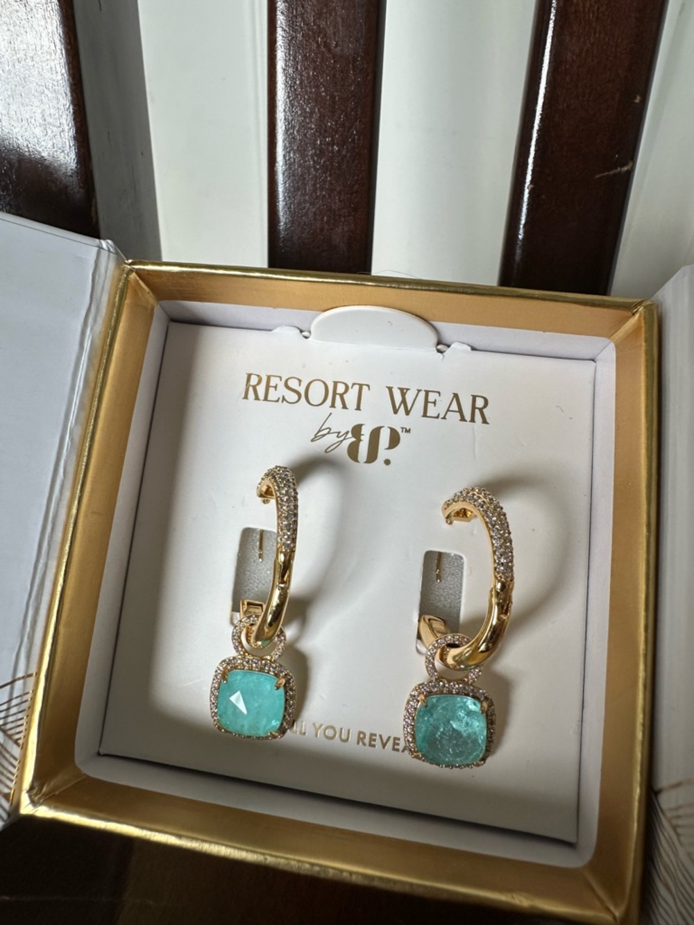 Bomb Party Resort Wear Gold Hoop Earrings with Aqua Gemstones